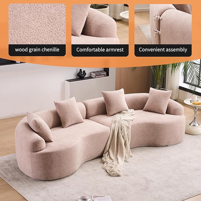 110 Curved Loveseat Sectional Sofa for Living Room Modern Oversized Plush Chenille Cloud Round Deep Seat Compressed Boneless Couch with 4 Throw Pillows for Apartment No Assembly Needed Beige
