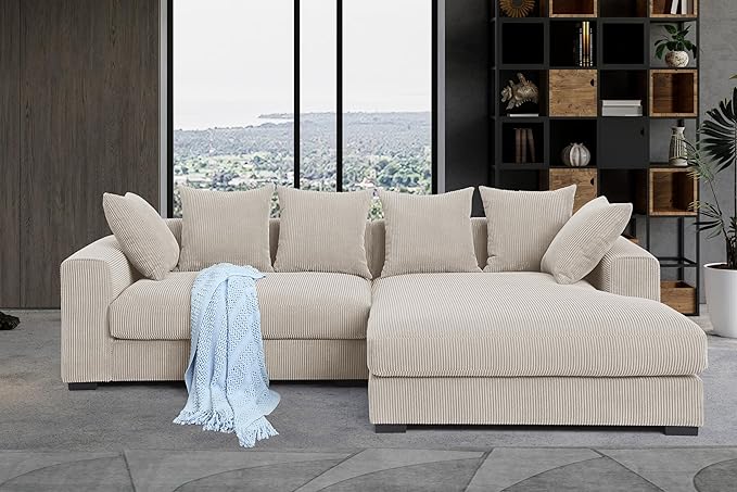 U-Shaped Cloud Sectional Couch Symmetrical Modular Compressed Boneless Sectional Sofa with Chaise Lounges and Console Plush Corduroy Boneless Corner Sofa for Living Room