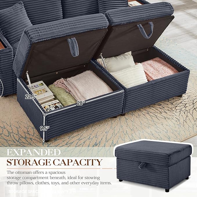 68 Cloud Loveseat with Ottoman Set USB Ports &amp Storage Wooden Side Table Comfy Plush Corduroy Upholstered Love Seat Modern Oversized Deep Seated Grey Sectional for Living Room Grey