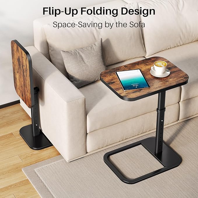 Adjustable Height TV Tray Table with Bumper Rounded Corner Design &amp Flip-top Side Table for Bedroom Living Room Bathroom and Study End Table for Eating Dinner or Laptop Brown