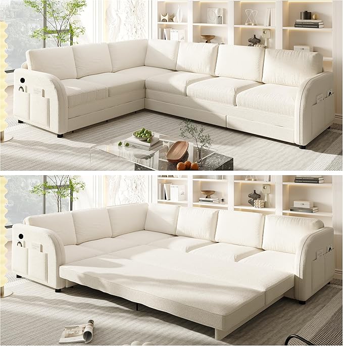 115.2 Sectional Sleeper Sofa with Pull Out Bed Comfy Teddy L Shaped Convertible Sleeper Couch Oversized Modern Modular Deep Seat Cloud Couches with USB Ports for Living Room Beige White