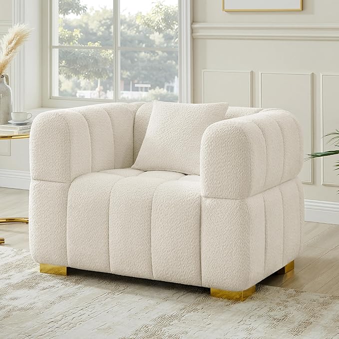VANOMi Sofa and Chair Set Modern Deep Seat Couch &amp Boucle Sofa Chairs Oversized Upholstered Couch Sets for Living Room Bedroom Office Apartment White (2 Pieces)