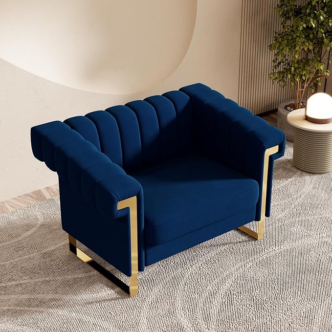 Mid-Century Modern Blue Velvet Single Sofa with Gold Metal Legs 49 Luxury Chesterfield Comfy Blue Sofa Chair for Living Room (Blue-1 Seater)