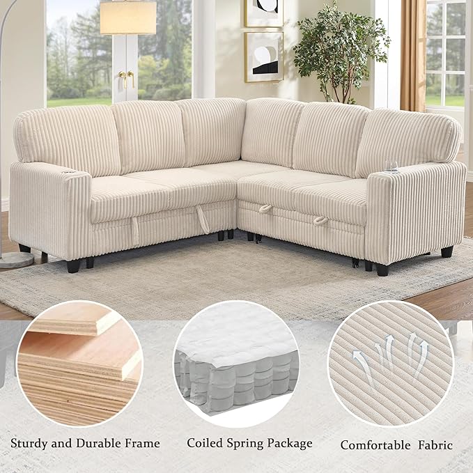 L-Shaped Sectional Sleeper Sofa with Pull Out Bed with Storage 5-Seat Sleeper Couch with USB Charging Convertible Design for Living Room Apartment Corduroy Fabric (Beige)