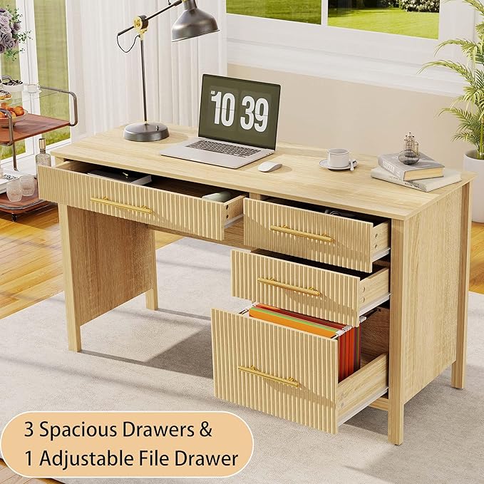 Modern Executive Desk with Drawers: 54 Oak Home Office Desks with File Drawers Wood Fluted Computer Writing Desk for Work Study and Living Room (54)