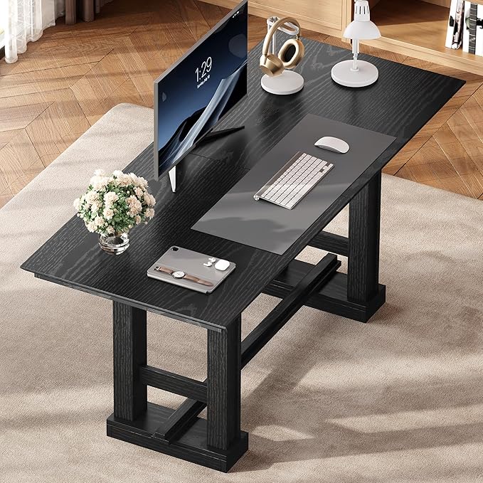 DWVO 70 Inch Computer Desk Large Executive Office Table Workstation Modern Farmhouse Style Laptop Wooden Sturdy Legs Writing Desk Business Furniture for Home Black