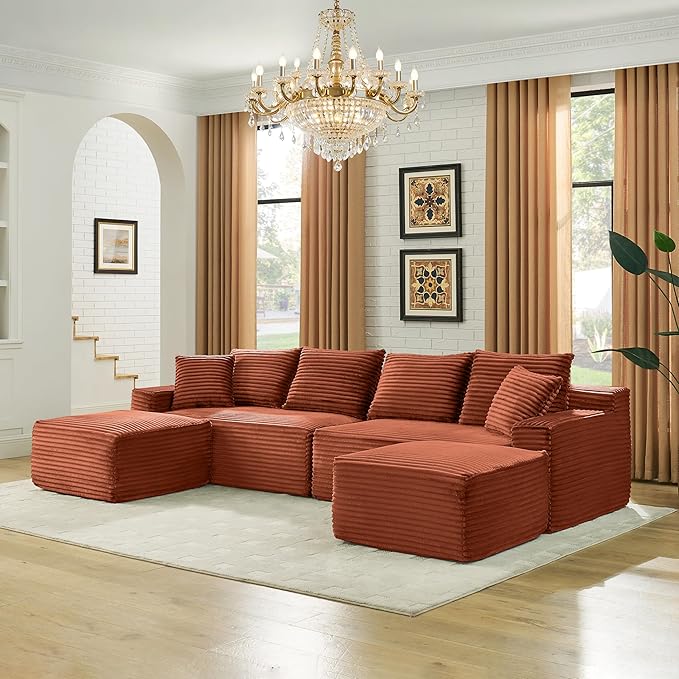 U-Shaped Cloud Sectional Couch Symmetrical Modular Compressed Boneless Sectional Sofa with Chaise Lounges Plush Corduroy Boneless Corner Sofa for Living Room