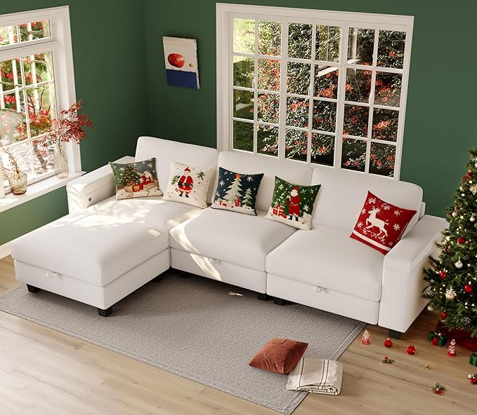 Sectional Couches for Living Room - Modular L Shaped Couch 103 Oversized 3 Seater Sofas with Ottoman - White Modern Chenille Fabric Storage Sofa 4 Pieces Furniture Set