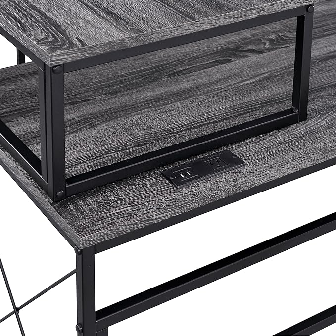 HOMES: Inside + Out Roncaster Industrial L-Shaped Metal 51 in. Writing Desk with USB Port and Electrical Outlet for Home Office Study Room Gray and Black