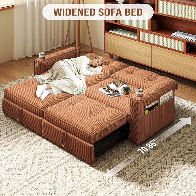 Rovibek 73.2 Convertible Sofa Bed Pull Out Couch with USB Charging Port &amp Cup Holders Adjustable Backrest Side Pockets Modern Corduroy Sleeper Sofa for Living Room Bedroom Apartment Orange