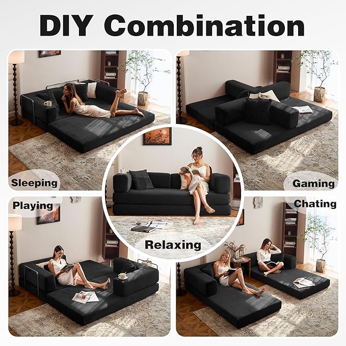 78.8 Convertible Sofa Bed - Compression Sofa with Corduroy Fabric - with Armrests and Backrest - Modular Sectional for Living Room Bedroom Studio - Compression Sofa in Box (Black)