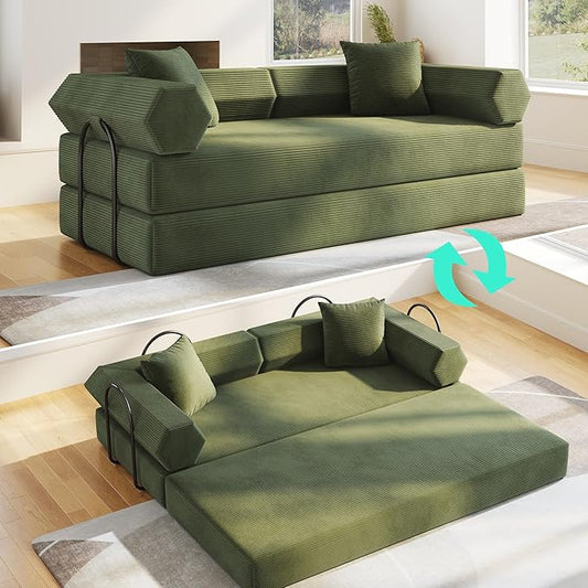 79'' Convertible Sofa Bed 5-in-1 Folding Sleeper Couch with Pull Out Bed Corduroy Modular Floor Sofa No Assembly Space Saving Guest Bed for Living Room Apartment Bedroom (Dark Green1) | Convertible