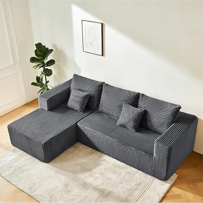 106 Corduroy Boneless Modular Sectional Sofa Cloud-Louch Deep Seat Sofa with Left Chaise for Living Room &amp Bedroom（L-Shaped Left Hand Facing ）