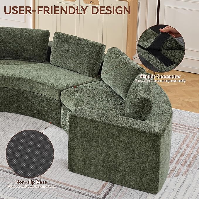 139'' Curved Round Boneless Couch Oversized Cloud Sofa with Deep Seat &amp Arms Chenille Modular Sectional Sofa with Pillows Upholstered Comfy 6 Seat Couch for Living Room Green