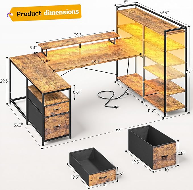 L Shaped Desk with Monitor Stand 63'' Reversible U Shaped Office Desk with 6 Tire Storage Shelves &amp 2 Fabric Drawers Gaming Desk with Power Outlet &amp LED Strip Rustic Brown