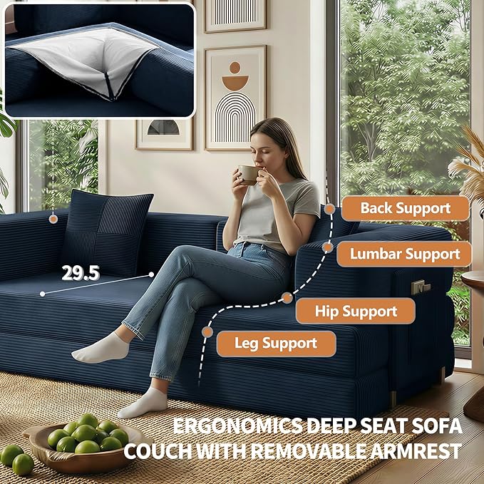 78.8 Convertible Sofa Bed with Armrest Pillow 4-in-1 Sleeper Couch Bed for Livingroom Modular Corduroy Boneless couches No Assembly (Blue)