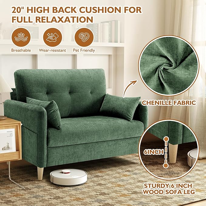 47 Small Sofa Couch for Bedroom Soft Chenille loveseat Mini Couch with Throw Pillow and Removable Cushion Cover for Small Spaces Living Room Apartment Dorm Office(Green)