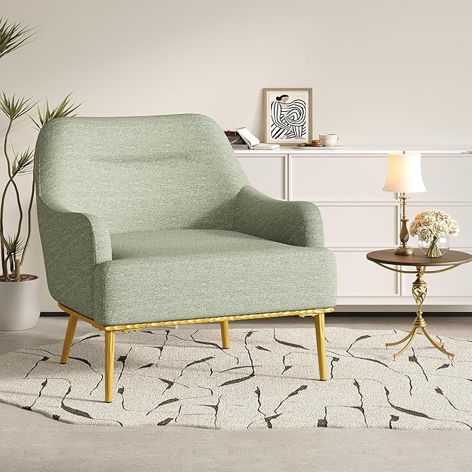Modern Accent Chair with Curved Backrest Chenille Fabric Upholstered Armchair with Gold Metal Legs Single Sofa Chair for Living Room Reading Corner (Green14)