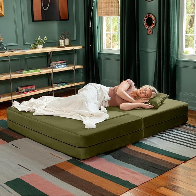 Jaxx Zipline Convertible Sleeper Loveseat &amp Ottomans/Queen-Size Bed Moss