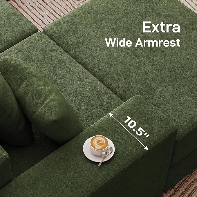 Living&ampGiving 101 U-Shaped Cloud Sectional Couch for Living Room Cloud Boneless Couch-No Assembly with Reversible Chaise Customizable 3-Seat Modular Sectional Sofa with 2 Ottoman Green