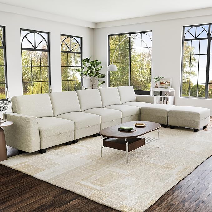 140 Large u Shaped Couch Oversized Modular Sectional Sofa with Storage Ottoman 7-Seater Comfy Combination Sofa Deep Seat Couches for Living Room Beige