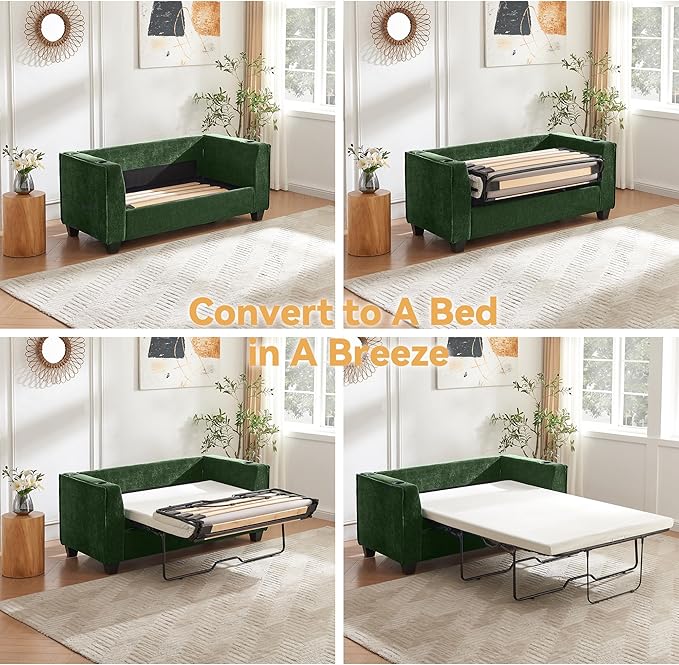 Brelice Pull Out Sofa Bed Sleeper Sofa Couch 2-in-1 Convertible Chenille Loveseat with USB Charging Ports and Memory Foam Mattress Full Size Pullout Bed for Living Room Apartment or Office