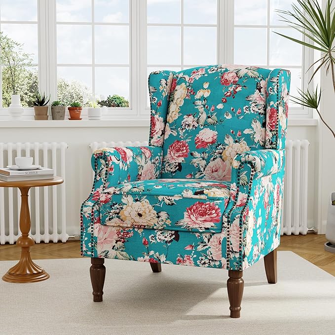 Floral High Back Accent Chair Upholstered Armchair with Solid Wood Legs Comfy Wingback Reading Single Sofa Chair for Small Spaces Living Room Bedroom(Floral Peacock Blue Set of 2)