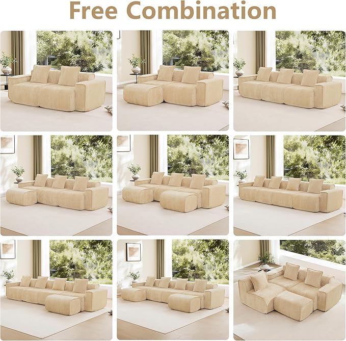 KEIKI 4Seat Modular Boneless Velvet Sofa Couch for Casual Home Bedroom Studio Style Conscious Homeowners Luxurious Elegant Sophisticated Refined Design Stylish Design Light Camel