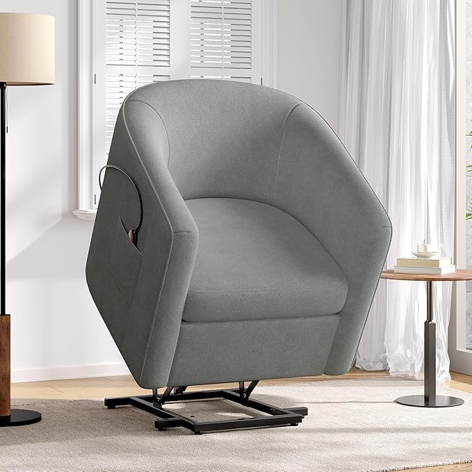 Power Lift Recliner Chair for Seniors Barrel Shape Recliner Chair with Footrest and Side Pocket Curved Armrests Lift Assist Lounge Chair Electric Lift Chair for Living Room (Grey12)