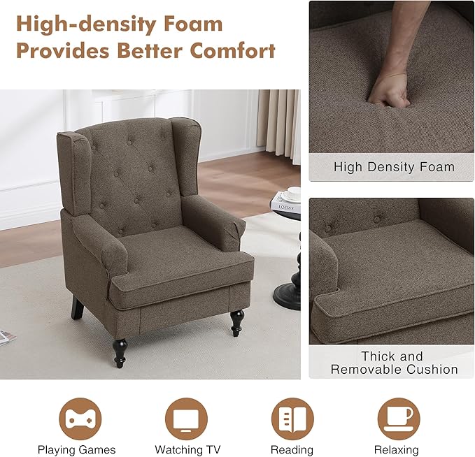 Accent Chair for Living Room Mid Century Modern Upholstered Armchair Wingback Chair with Tufted High Back and Solid Legs Comfy Side Chairs Single Sofa for Bedroom Brown