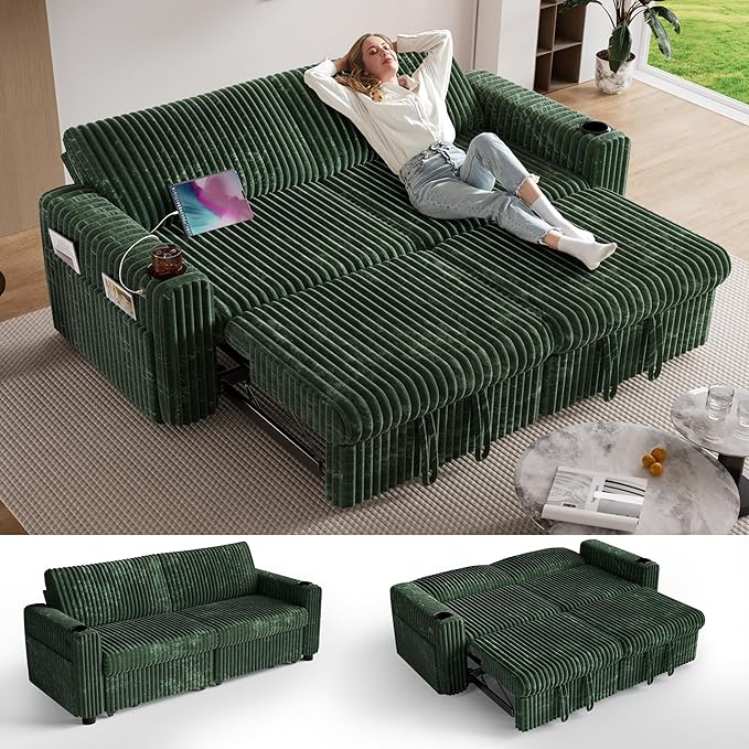 Sunny Heart 91 Plush Corduroy L Shaped Sectional Sleeper Sofa Bed with Pull Out Bed Reclining Backrest Reversible Storage Chaise USB Ports Cup Holders Tool Free AssemblyForest Green