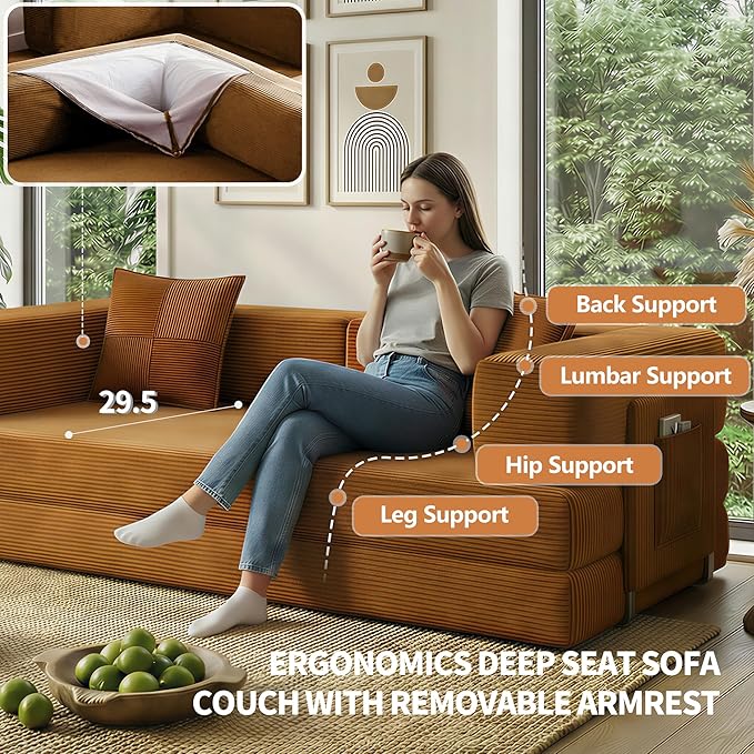 78.8 Convertible Sofa Bed with Armrest Pillow 4-in-1 Sleeper Couch Bed for Livingroom Modular Corduroy Boneless couches No Assembly (Yellow)