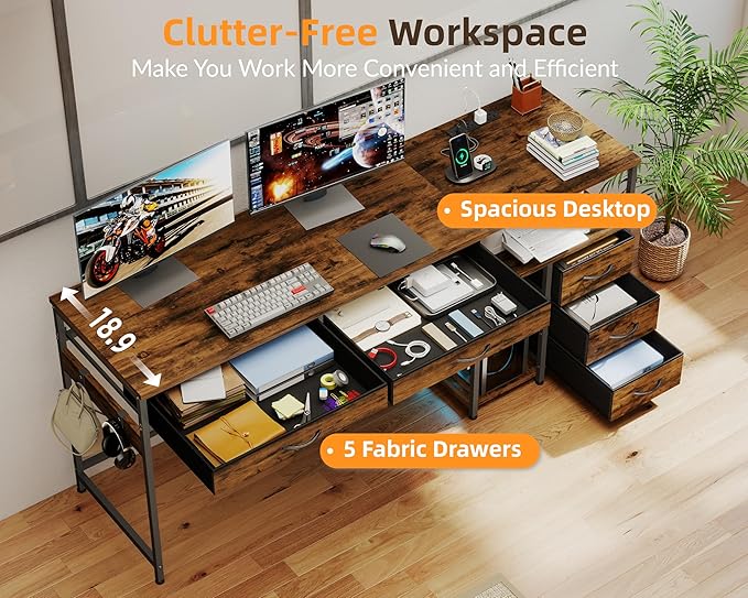 YOSHOOT 60 Computer Desk with 5 Fabric Drawers - Gaming Desk with Storage and Power Outlets Home Office Desk for Adults and Teenagers Working Writing Study Rustic Brown