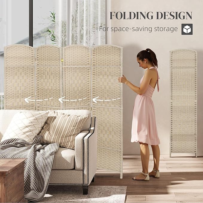 HOMCOM Room Divider 6 Ft 4 Panel Folding Privacy Screen Hand-Woven PP Wall Partition with Pine Wood Frame Freestanding Room Separator for Bedroom Home Office No Assembly Washed Oak