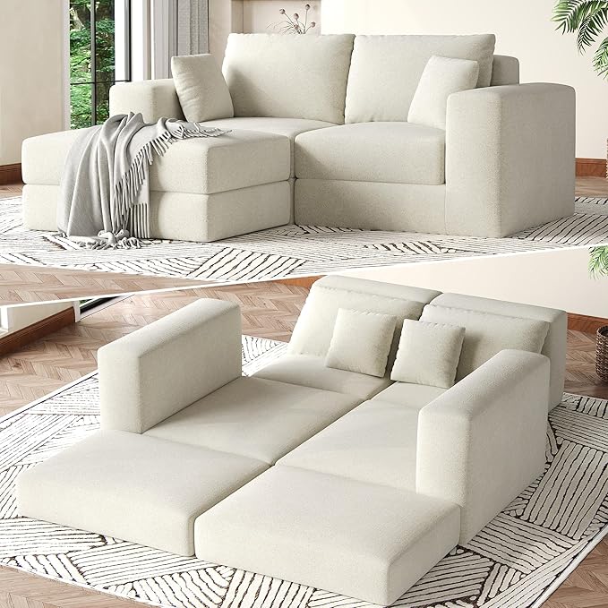 80 Modular Sectional Loveseat Sofa Bed No-Assembly Boneless Cloud Couch with Reversible l-Shape Chaise Non-Slip Deep Seat Chenille/Corduroy Sleeper for Small Living Spaces