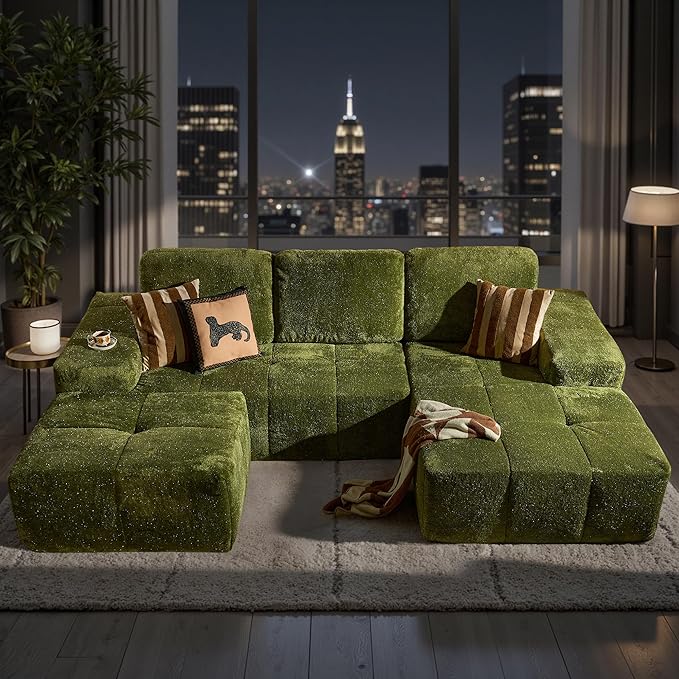 38 Plush Corduroy Ottoman Upholstered Cloud Ottoman for Boneless Couch in A Box Compressed Memory Foam Footrest No Assembly Require Green