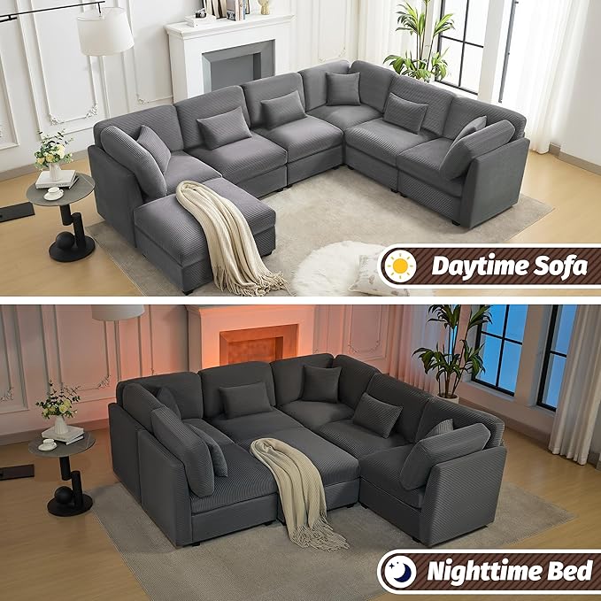 125 Inch Oversized Corduroy Cloud Couch U Shaped Modular Sectional Sofa 7 Seat Convertible Modular Sleeper Sofa Couch with Storage Sectional Couches for Living Room Grey