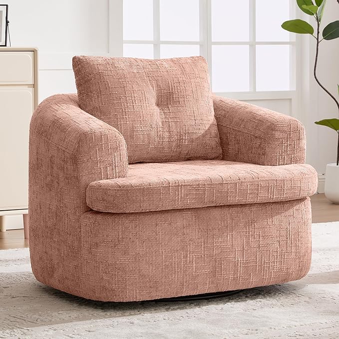 360° Swivel Barrel Accent Chair 36.6 Swivel Round Sofa Chair with Dual-Layer Cushion Design Modern Upholstered Single Sofa for Living Room Bedroom Office and Hotel (Pink 121)