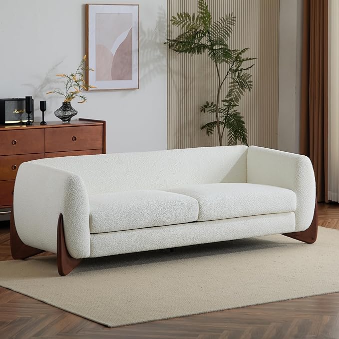 Merax 82 Inch Boucle Sherpa Sofa Chenille Loveseat with Removable Cushions &amp Wood Legs Modern Plush 3-Seater Couch for Living Room Beige