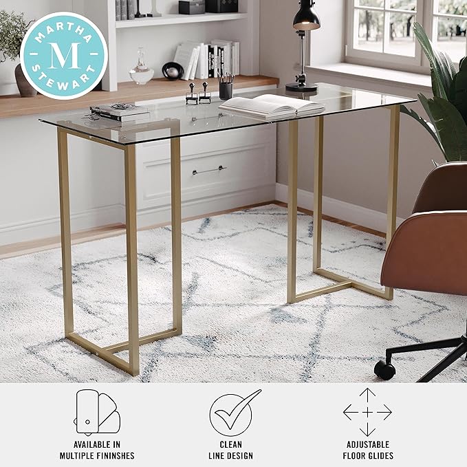 Martha Stewart Eli Home Office Desk with Glass Top and Steel Frame Polished Brass