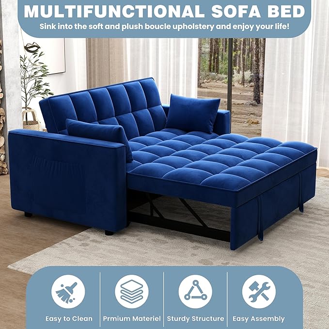 Sleeper Sofa Couch Bed 55.9'' Convertible Velvet Loveseat 3 in 1 Pull Out Sofa Bed with Toss Pillows Pockets Furniture for Living Room Blue