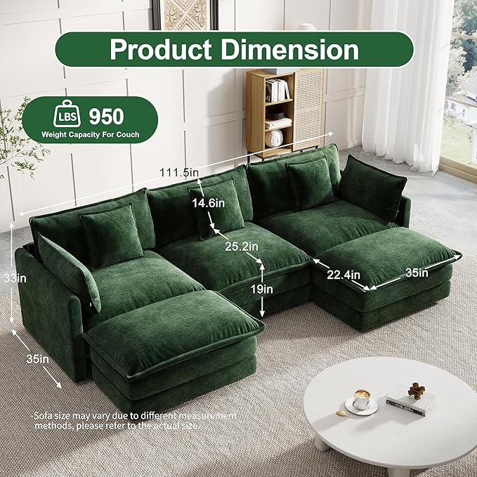 Modular Sectional Sofa 111.5 Inch U-Shaped Cloud Sofa with Deep Seat Chenille Sofa with Cushions Three-Self Sectional Sofa for Living Room ApartmentEvergreen