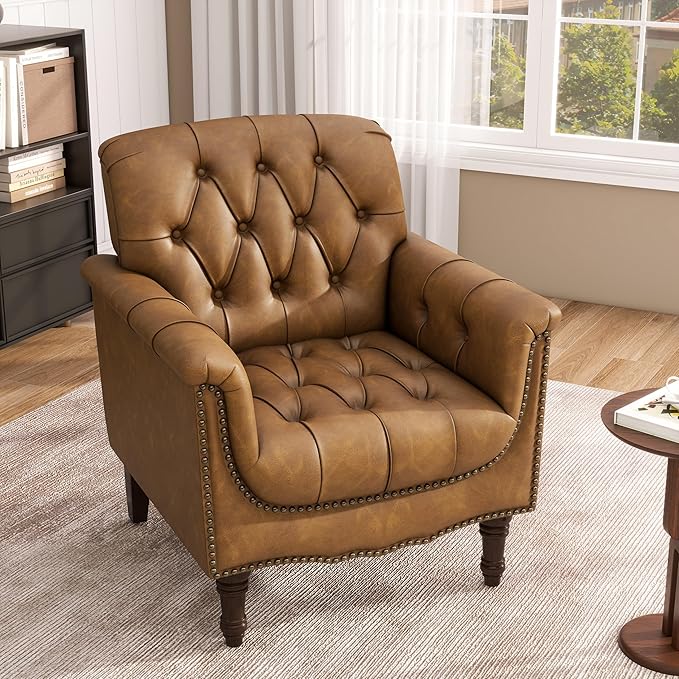 Lumibee Faux Leather Armchair Contemporary Accent Chair with Nailhead Trims &amp Wood Legs for Living Room Upholstered Comfy Arm Chair for OfficeBedroom-Camel