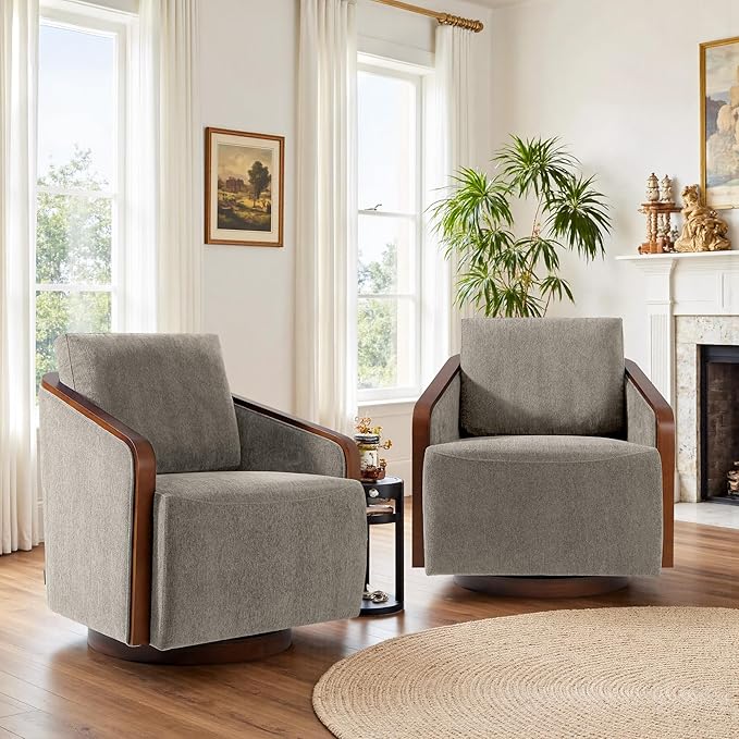 360° Swivel Barrel Chairs Set of 2 Upholstered Swivel Round Barrel Chair Comfy Chenille Fabric Single Club Armchair Accent Chair for Living Room Reading Room Bedroom Light Brown