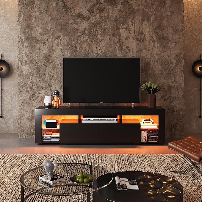 WLIVE 63 inch TV Stand for 50 55 60 65 70 75 Inch TVs Modern Entertainment Center with LED Lights &amp 2 Large Storage Drawers TV Console Gaming Media Television Stands for Living Room Bedroom(Bla