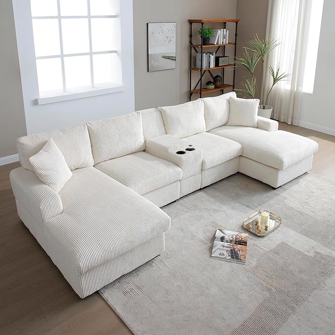 U-Shaped Sectional Cloud Sofa with Storage Console and Cupholders 126-Inch U-Shaped Symmetrical Corduroy Sectional Couch W/2 Chaise LoungesUSB-C Ports &amp 2 Pillows