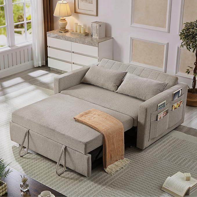 55.5 Fabric Convertible Sofa Bed Pull Out Sleeper Sofa Bed Loveseat Couch with Side Pocket 3 in 1 Convertible Sleeper Sofa Bed for Living Room Apartment Bedroom RV Light Grey