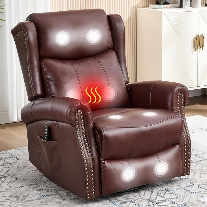 Manual Rocker Swivel Recliner Chair for Adults Vibration Massage Reclining Glider Chair with Lumbar Heat Rivet Design Single Sofa for Living Room Genuine Leather Dark Red