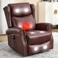 Manual Rocker Swivel Recliner Chair for Adults Vibration Massage Reclining Glider Chair with Lumbar Heat Rivet Design Single Sofa for Living Room Genuine Leather Dark Red