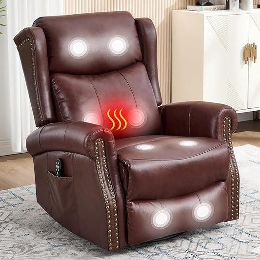 Manual Rocker Swivel Recliner Chair for Adults Vibration Massage Reclining Glider Chair with Lumbar Heat Rivet Design Single Sofa for Living Room Genuine Leather Dark Red